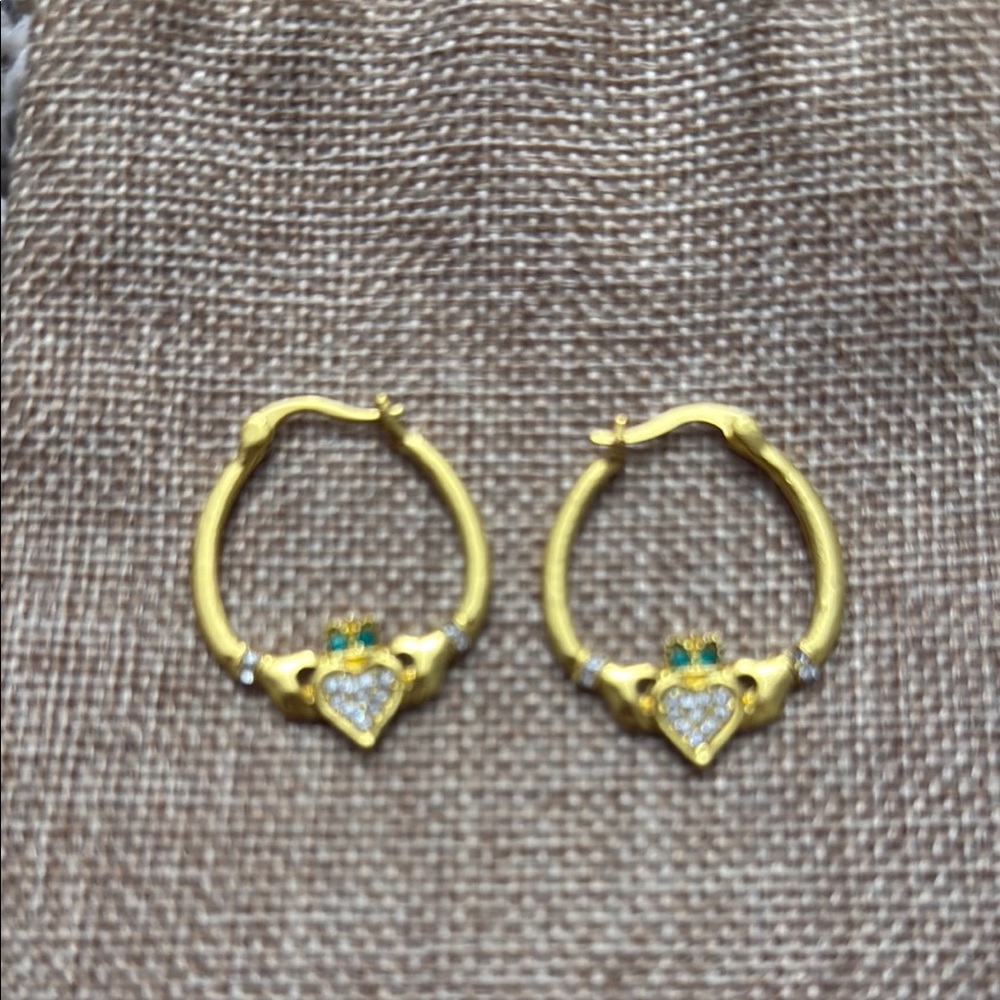 Gold and Green Heart Hoop Earrings